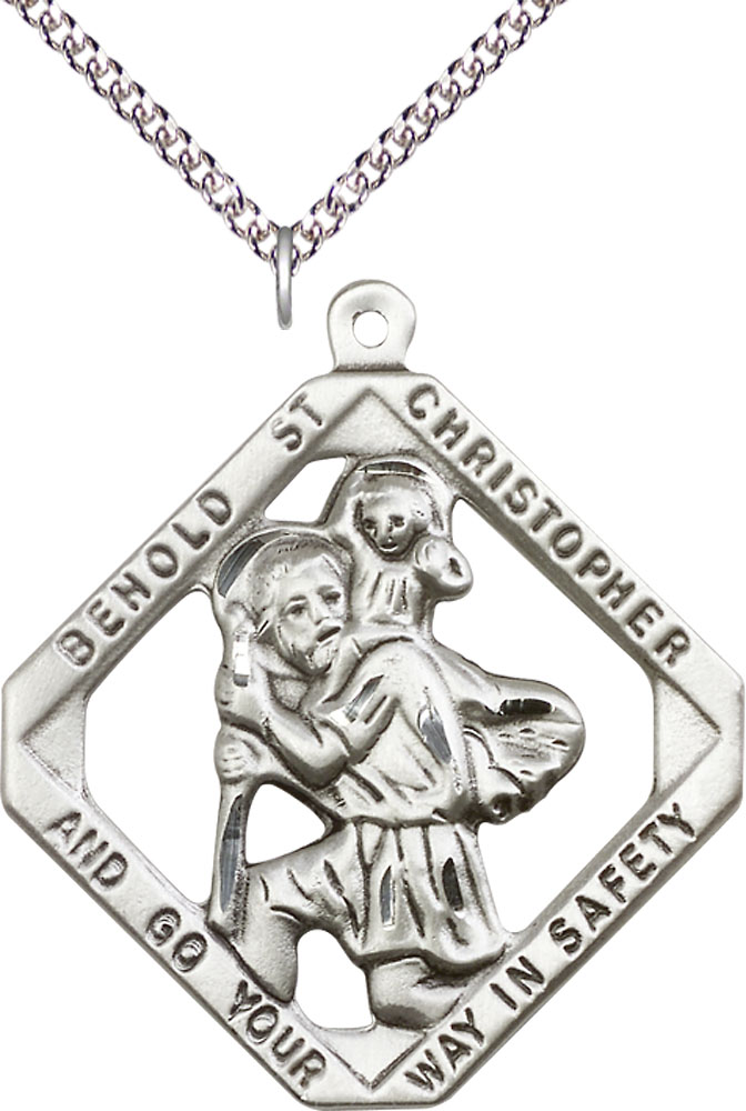Sterling Silver Saint Christopher Pendant on a 24 inch Sterling Silver Heavy Curb chain