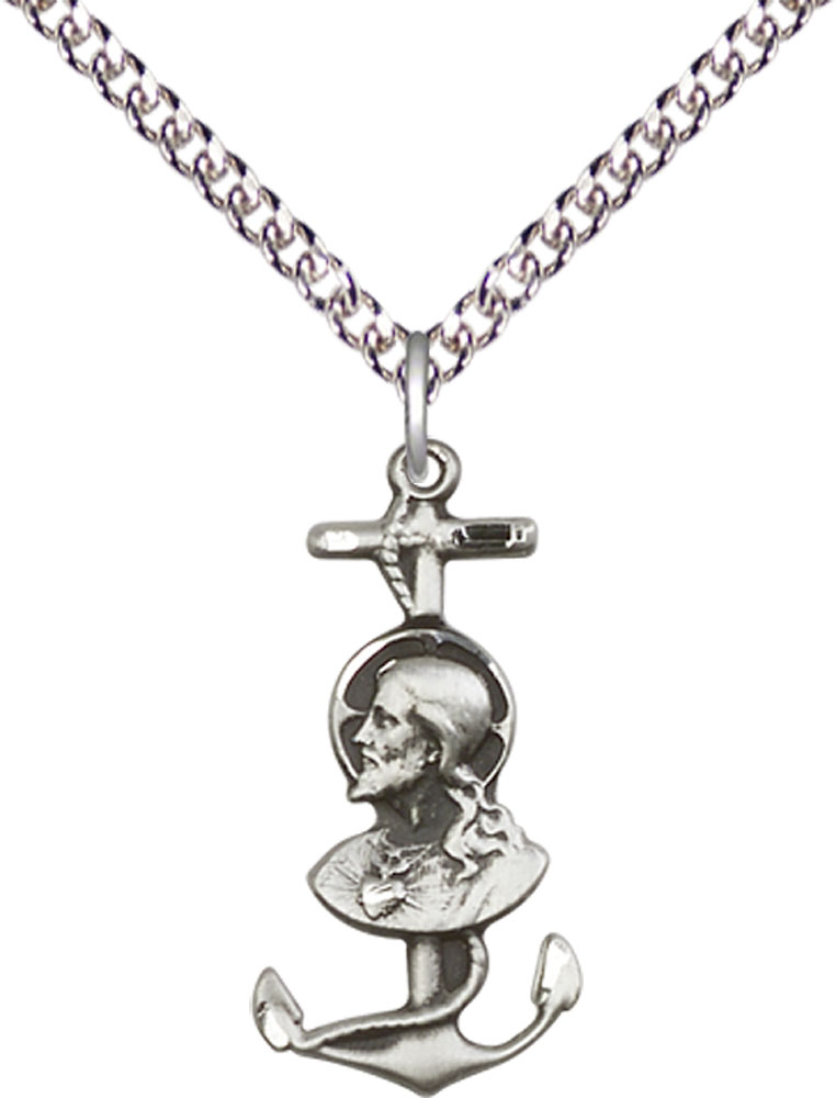 Sterling Silver Saint Christopher Pendant on a 24 inch Sterling Silver Heavy Curb chain