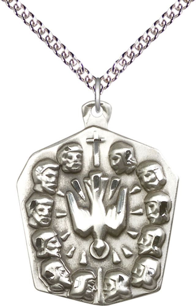 Sterling Silver Apostles Pendant on a 24 inch Sterling Silver Heavy Curb chain