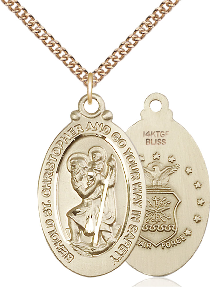 14kt Gold Filled Saint Christopher Air Force Pendant on a 24 inch Gold Filled Heavy Curb chain