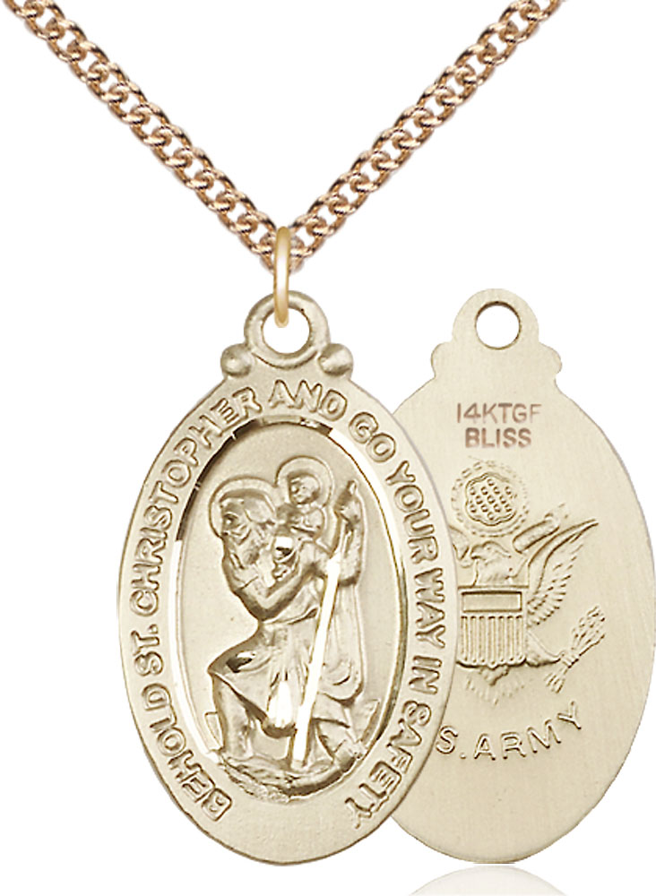 14kt Gold Filled Saint Christopher Army Pendant on a 24 inch Gold Filled Heavy Curb chain