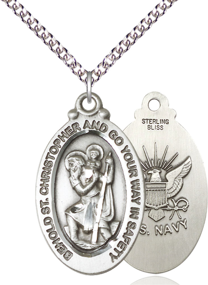 Sterling Silver Saint Christopher Navy Pendant on a 24 inch Sterling Silver Heavy Curb chain