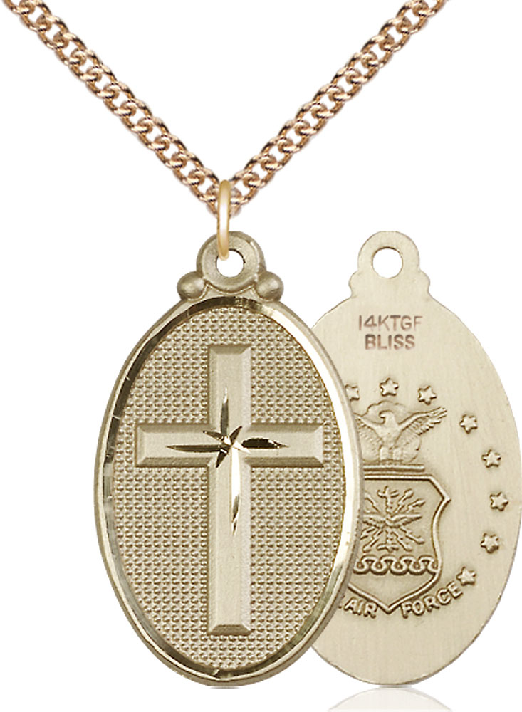 14kt Gold Filled Cross Air Force Pendant on a 24 inch Gold Filled Heavy Curb chain