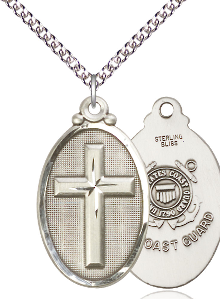 Sterling Silver Cross Coast Guard Pendant on a 24 inch Sterling Silver Heavy Curb chain