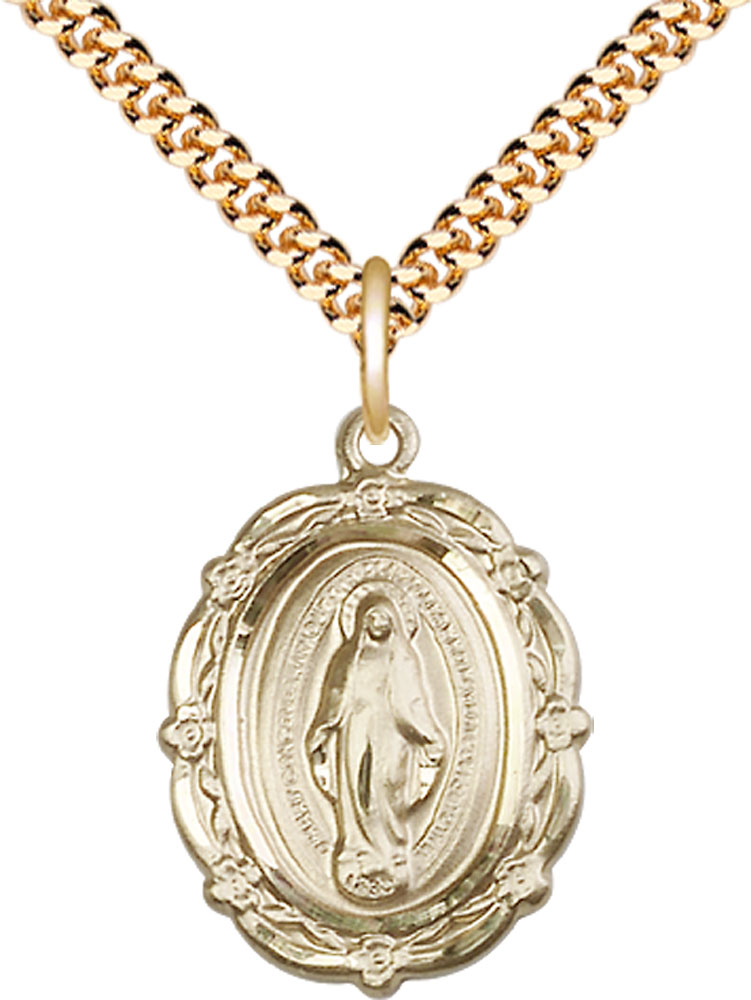 14kt Gold Filled Miraculous Pendant on a 24 inch Gold Plate Heavy Curb chain