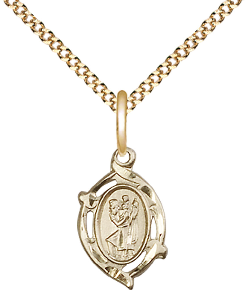 14kt Gold Filled Saint Christopher Pendant on a 18 inch Gold Plate Light Curb chain