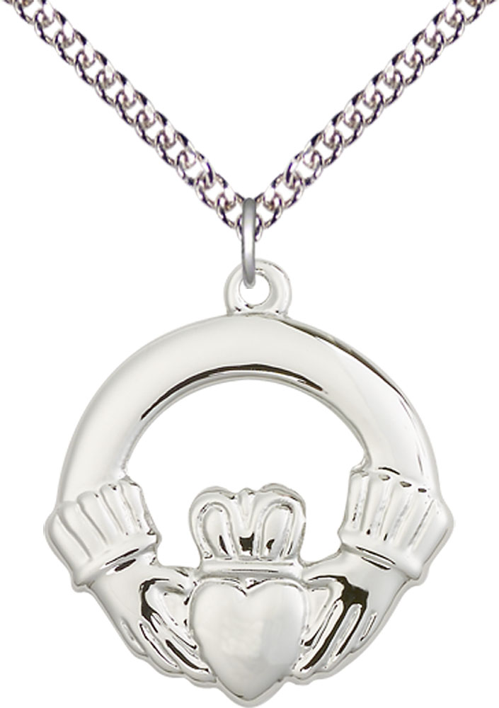 Sterling Silver Claggagh Pendant on a 24 inch Sterling Silver Heavy Curb chain