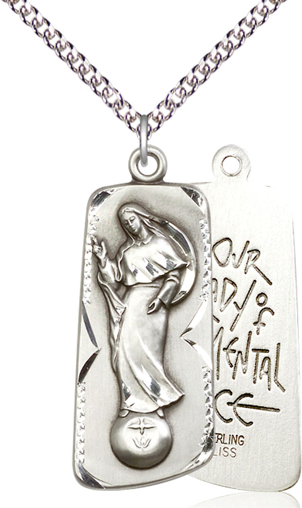 Sterling Silver Our Lady of Mental Peace Pendant on a 24 inch Sterling Silver Heavy Curb chain
