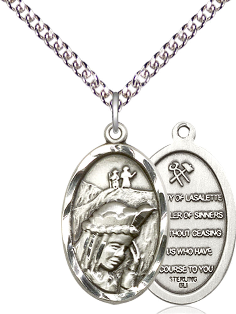 Sterling Silver Our Lady of la Salette Pendant on a 24 inch Sterling Silver Heavy Curb chain
