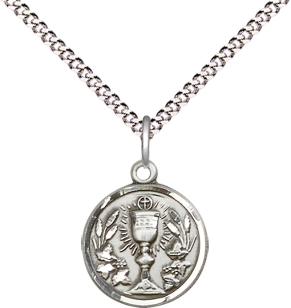 Sterling Silver Communion Chalice Pendant on a 18 inch Light Rhodium Light Curb chain