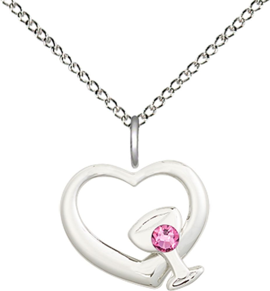 Sterling Silver Heart / Chalice Pendant with a 3mm Rose Swarovski stone on a 18 inch Sterling Silver Light Curb chain