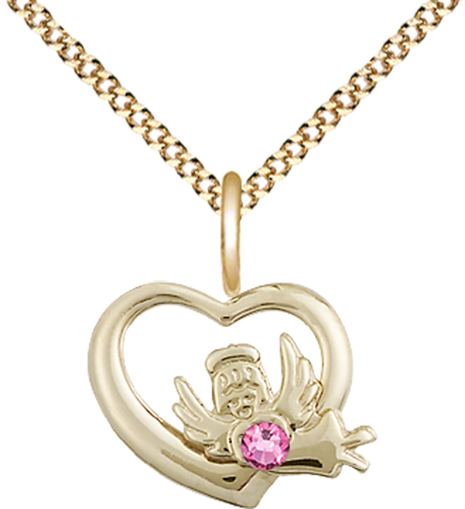14kt Gold Filled Heart / Guardian Angel Pendant with a 3mm Rose Swarovski stone on a 18 inch Gold Plate Light Curb chain