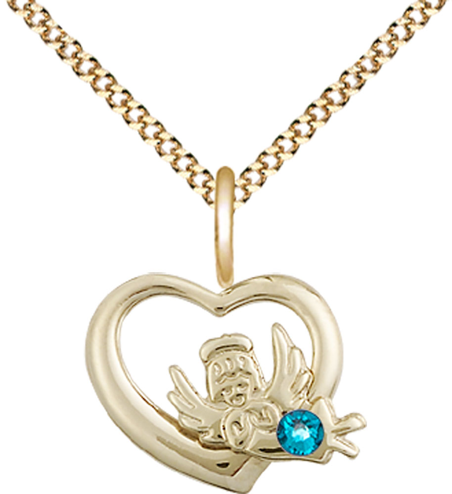 14kt Gold Filled Heart / Guardian Angel Pendant with a 3mm Zircon Swarovski stone on a 18 inch Gold Plate Light Curb chain