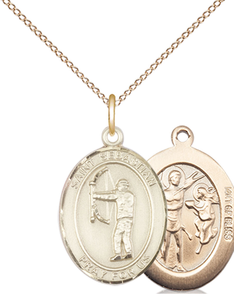 14kt Gold Filled Saint Sebastian Archery Pendant on a 18 inch Gold Filled Light Curb chain