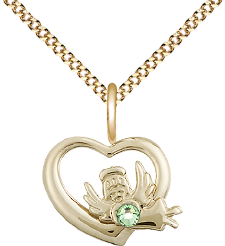 14kt Gold Filled Heart / Guardian Angel Pendant with a 3mm Peridot Swarovski stone on a 18 inch Gold Plate Light Curb chain
