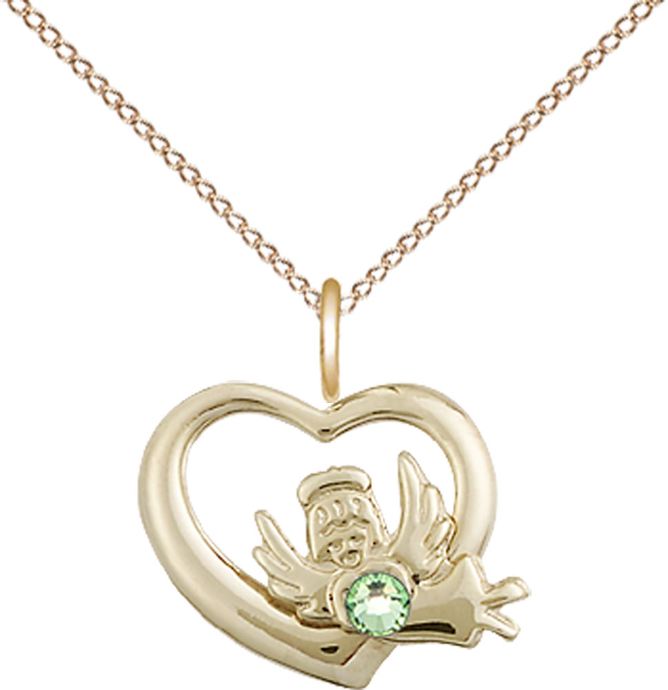 14kt Gold Filled Heart / Guardian Angel Pendant with a 3mm Peridot Swarovski stone on a 18 inch Gold Filled Light Curb chain