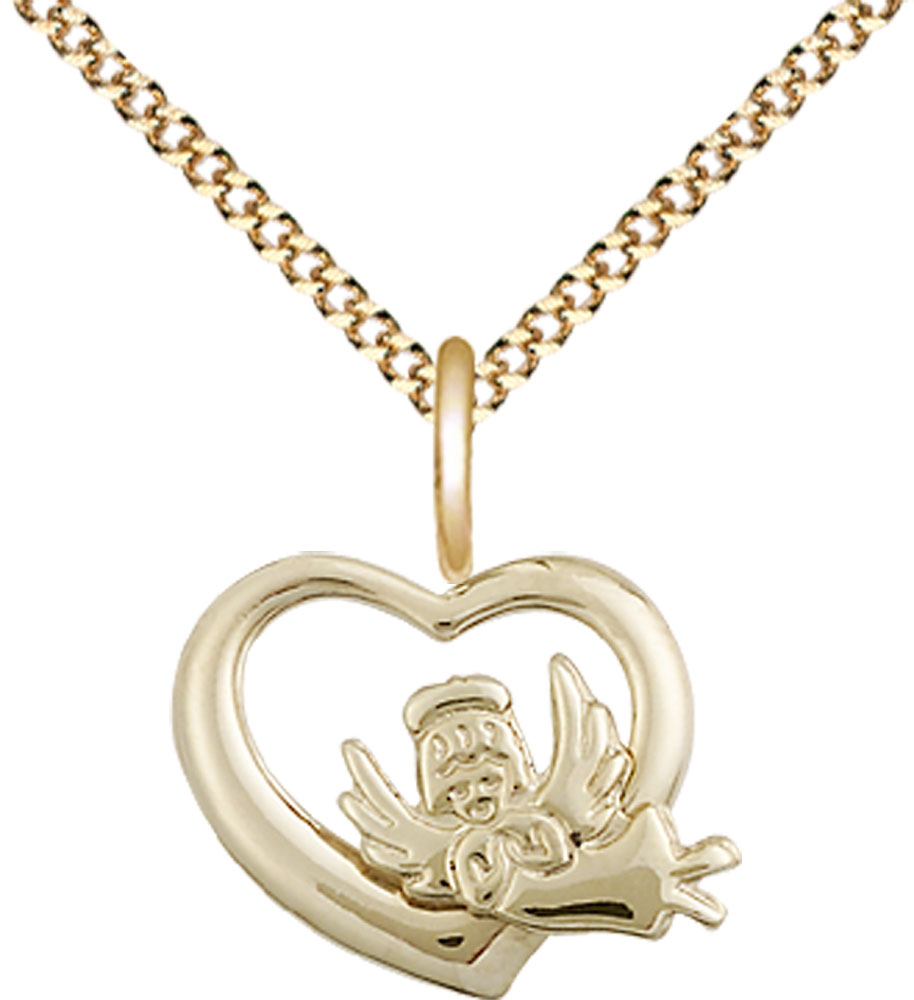 14kt Gold Filled Heart Guardian Angel Pendant on a 18 inch Gold Plate Light Curb chain