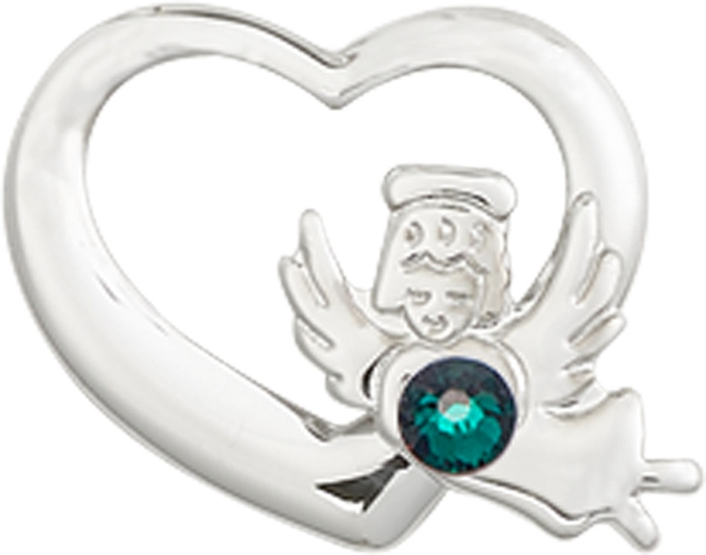 Sterling Silver Heart / Guardian Angel Medal with a 3mm Emerald Swarovski stone