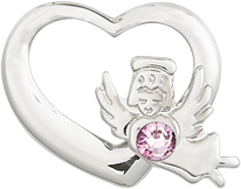 Sterling Silver Heart / Guardian Angel Medal with a 3mm Light Amethyst Swarovski stone