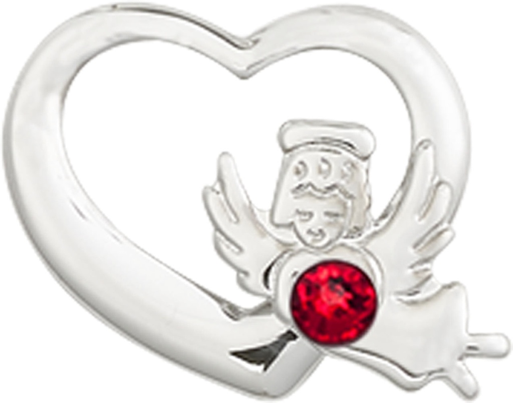 Sterling Silver Heart / Guardian Angel Medal with a 3mm Ruby Swarovski stone