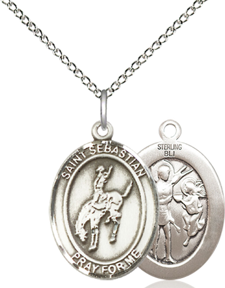 Sterling Silver Saint Sebastian Rodeo Pendant on a 18 inch Sterling Silver Light Curb chain
