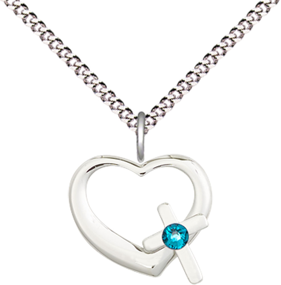 Sterling Silver Heart / Cross Pendant with a 3mm Zircon Swarovski stone on a 18 inch Light Rhodium Light Curb chain