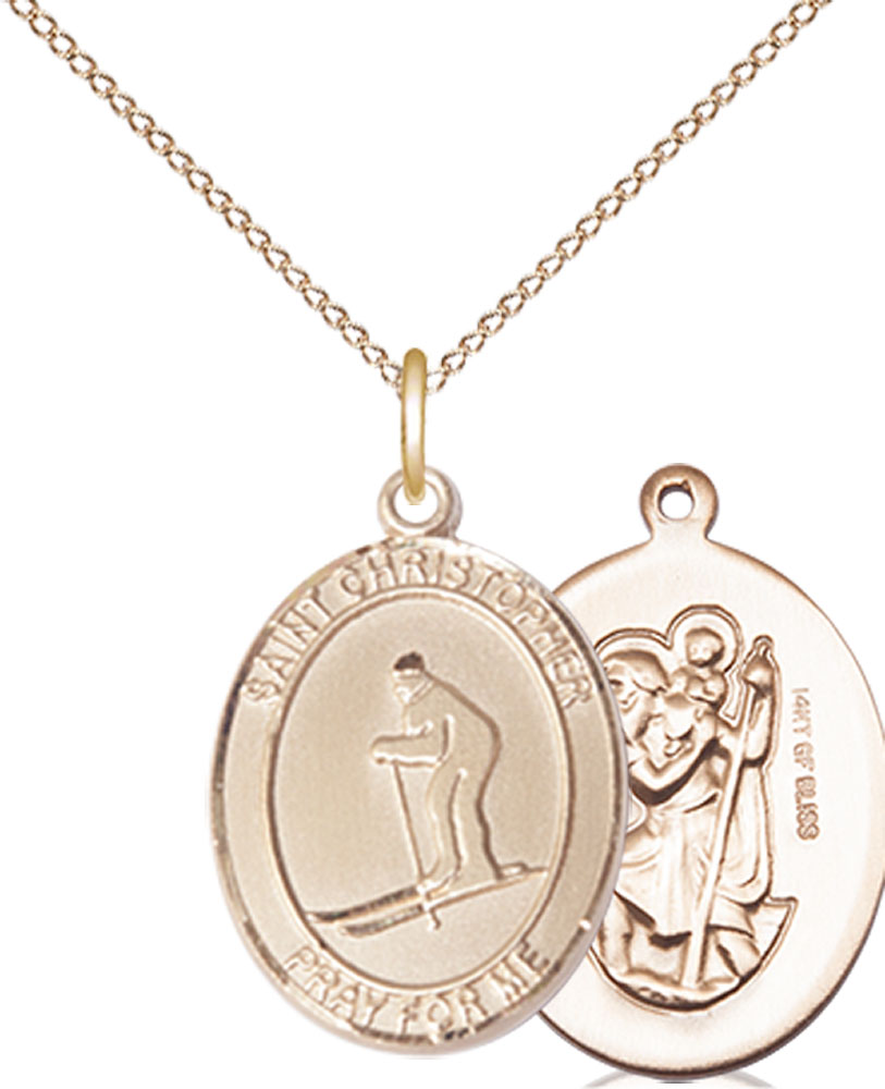 14kt Gold Filled Saint Christopher Skiing Pendant on a 18 inch Gold Filled Light Curb chain