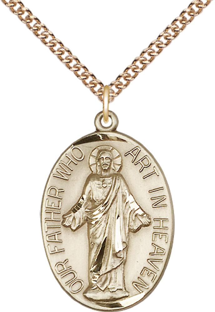 14kt Gold Filled Our Father Pendant on a 24 inch Gold Filled Heavy Curb chain