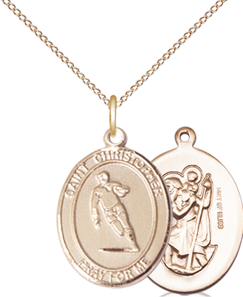 14kt Gold Filled Saint Christopher Rugby Pendant on a 18 inch Gold Filled Light Curb chain