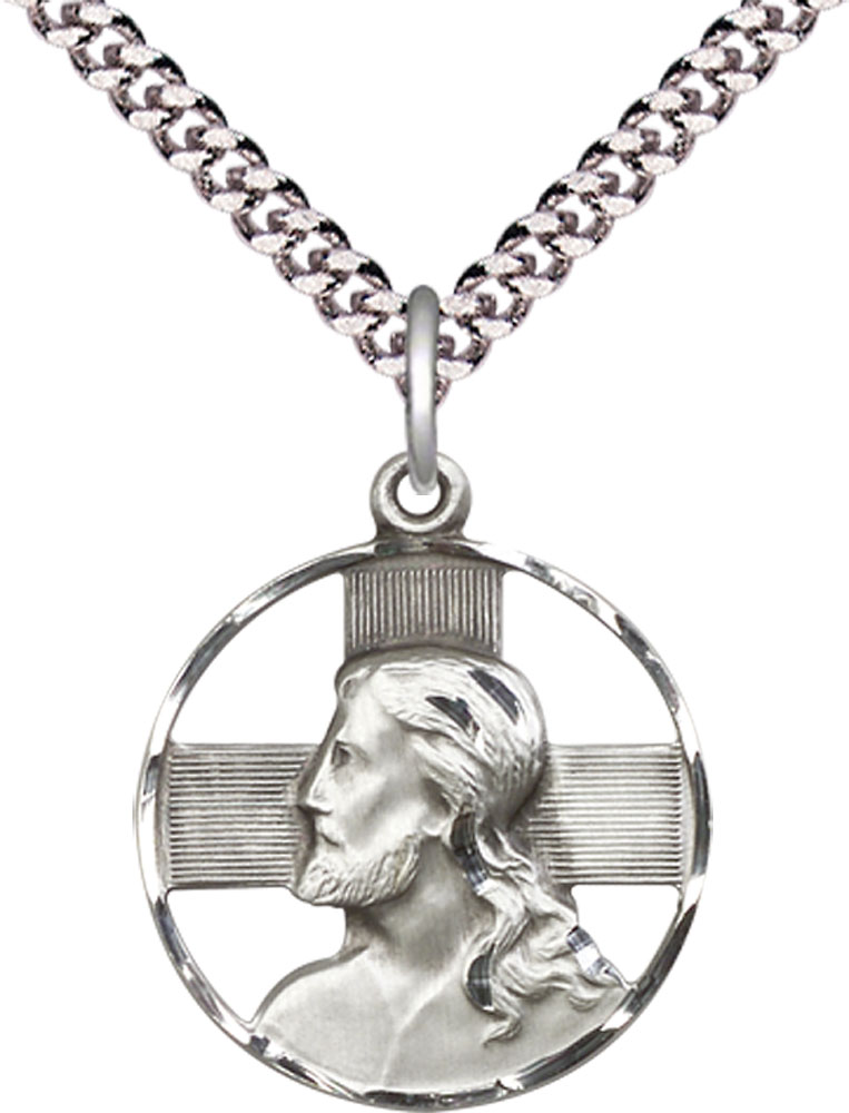 Sterling Silver Head of Christ Pendant on a 24 inch Light Rhodium Heavy Curb chain