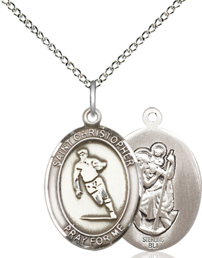 Sterling Silver Saint Christopher Rugby Pendant on a 18 inch Sterling Silver Light Curb chain