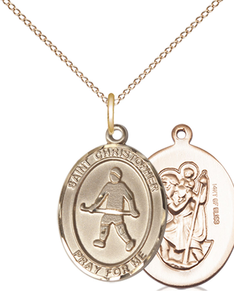 14kt Gold Filled Saint Christopher Field Hockey Pendant on a 18 inch Gold Filled Light Curb chain