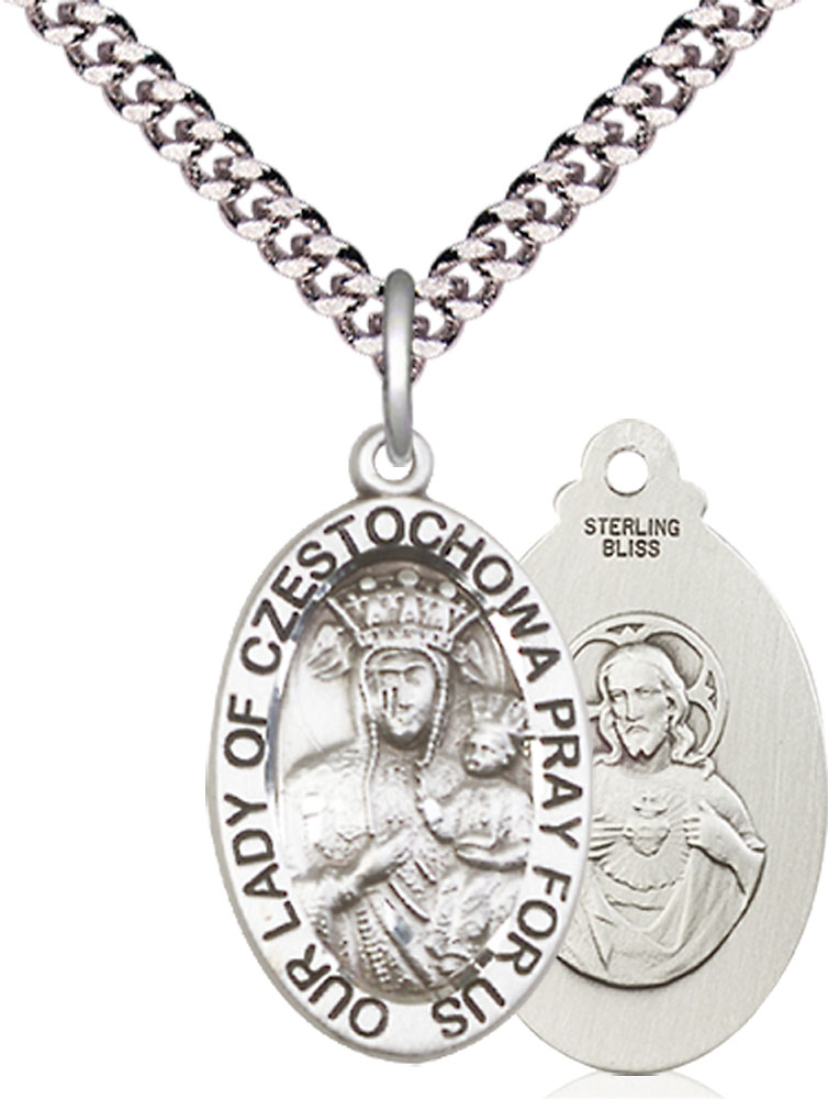 Sterling Silver Our Lady of Czestochowa Pendant on a 24 inch Light Rhodium Heavy Curb chain
