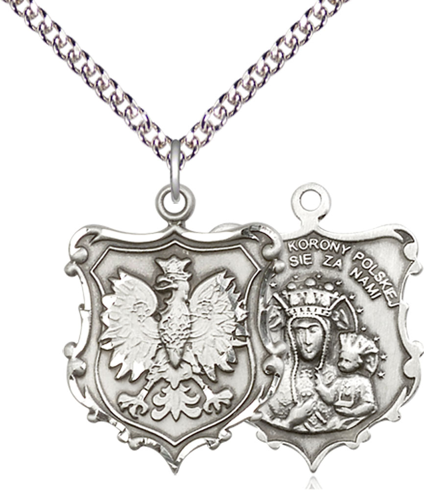 Sterling Silver Our Lady of Czestochowa Pendant on a 24 inch Sterling Silver Heavy Curb chain