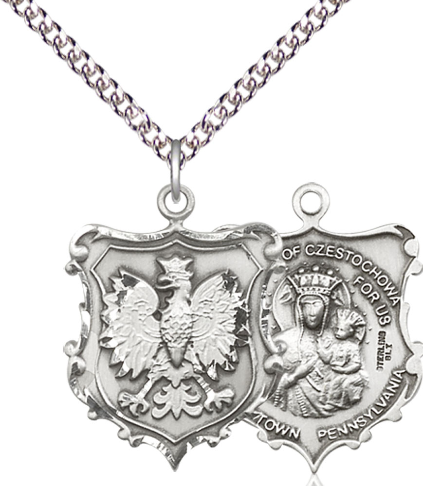 Sterling Silver Our Lady of Czestochowa Pendant on a 24 inch Sterling Silver Heavy Curb chain