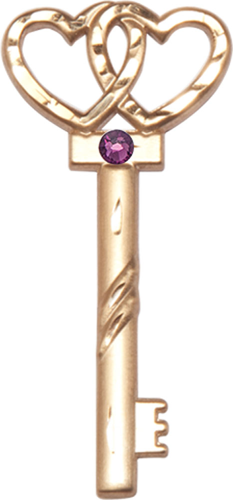 14kt Gold Filled Key w/Double Hearts Medal with a 3mm Amethyst Swarovski stone
