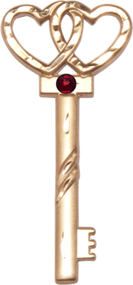14kt Gold Key w/Double Hearts Medal with a 3mm Garnet Swarovski stone