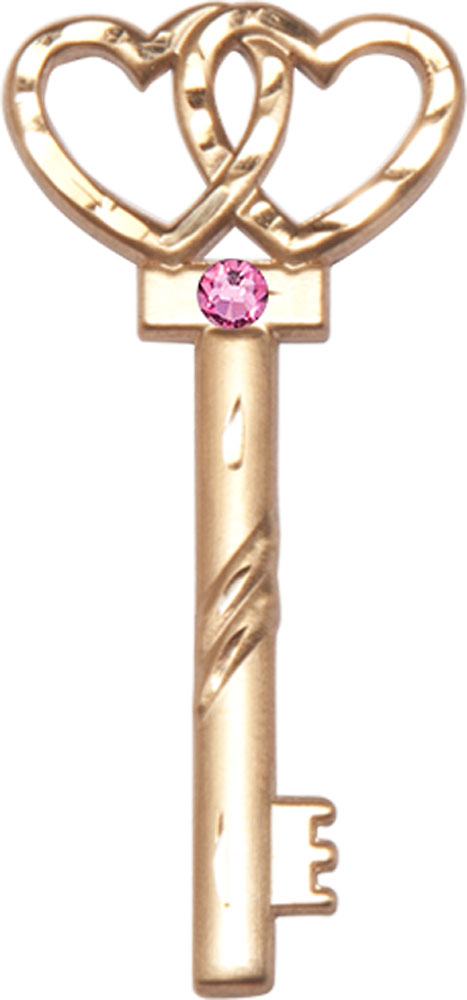 14kt Gold Key w/Double Hearts Medal with a 3mm Rose Swarovski stone