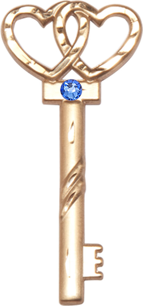 14kt Gold Key w/Double Hearts Medal with a 3mm Sapphire Swarovski stone