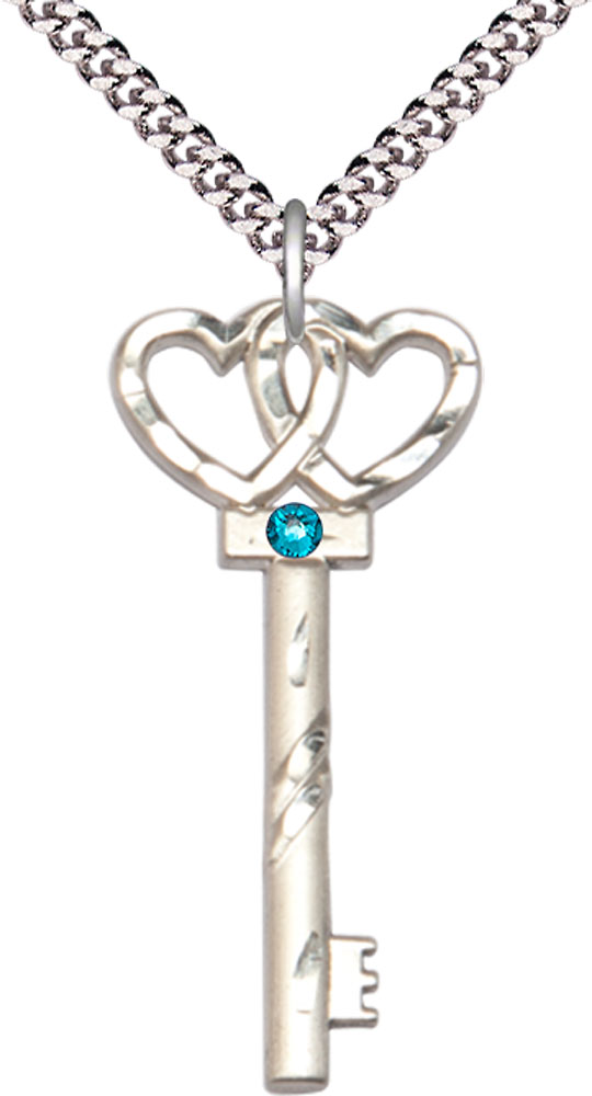Sterling Silver Key w/Double Hearts Pendant with a 3mm Zircon Swarovski stone on a 24 inch Light Rhodium Heavy Curb chain