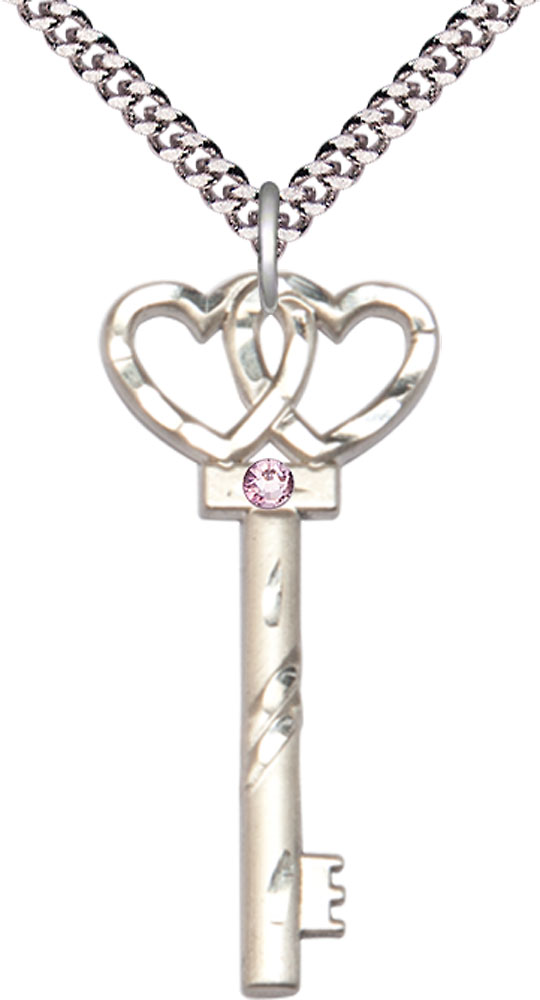 Sterling Silver Key w/Double Hearts Pendant with a 3mm Light Amethyst Swarovski stone on a 24 inch Light Rhodium Heavy Curb chain