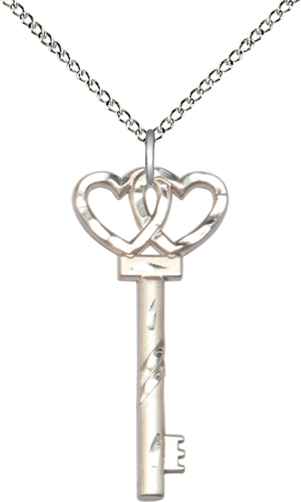 Sterling Silver Small Key w/Double Heart Pendant on a 18 inch Sterling Silver Light Curb chain