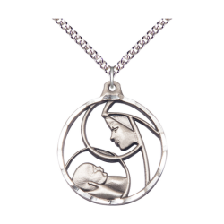 Sterling Silver Madonna &amp; Child Pendant on a 24 inch Sterling Silver Heavy Curb chain