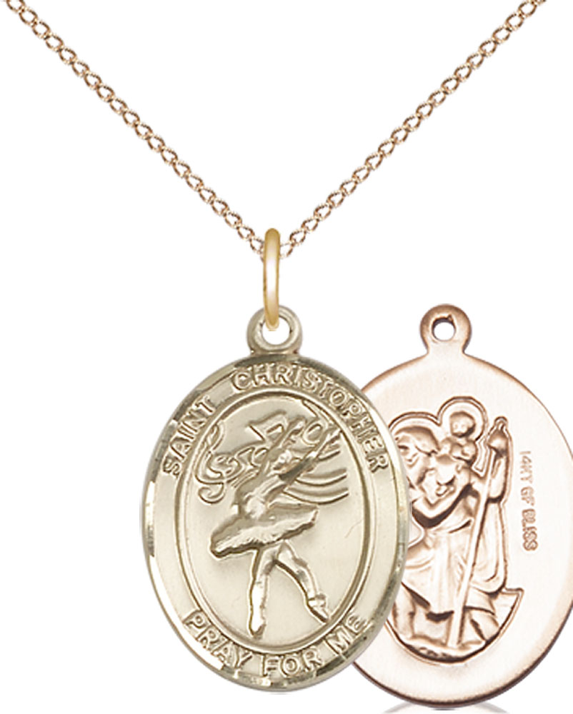 14kt Gold Filled Saint Christopher Dance Pendant on a 18 inch Gold Filled Light Curb chain