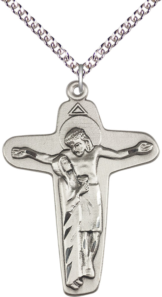 Sterling Silver Sorrowful Mother Crucifix Pendant on a 24 inch Sterling Silver Heavy Curb chain