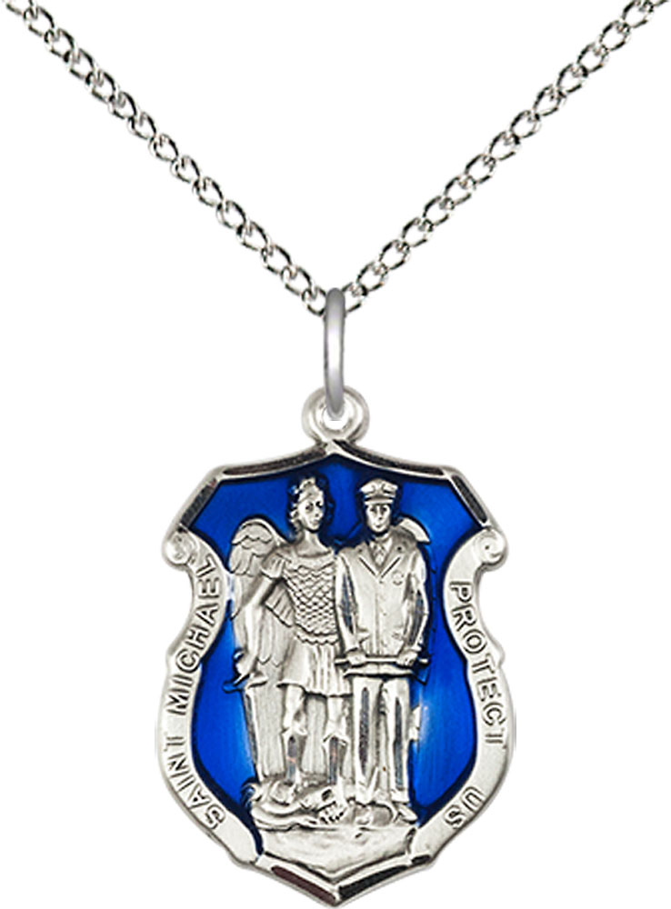 Sterling Silver Saint Michael the Archangel Police Shield Pendant on a 18 inch Sterling Silver Light Curb chain