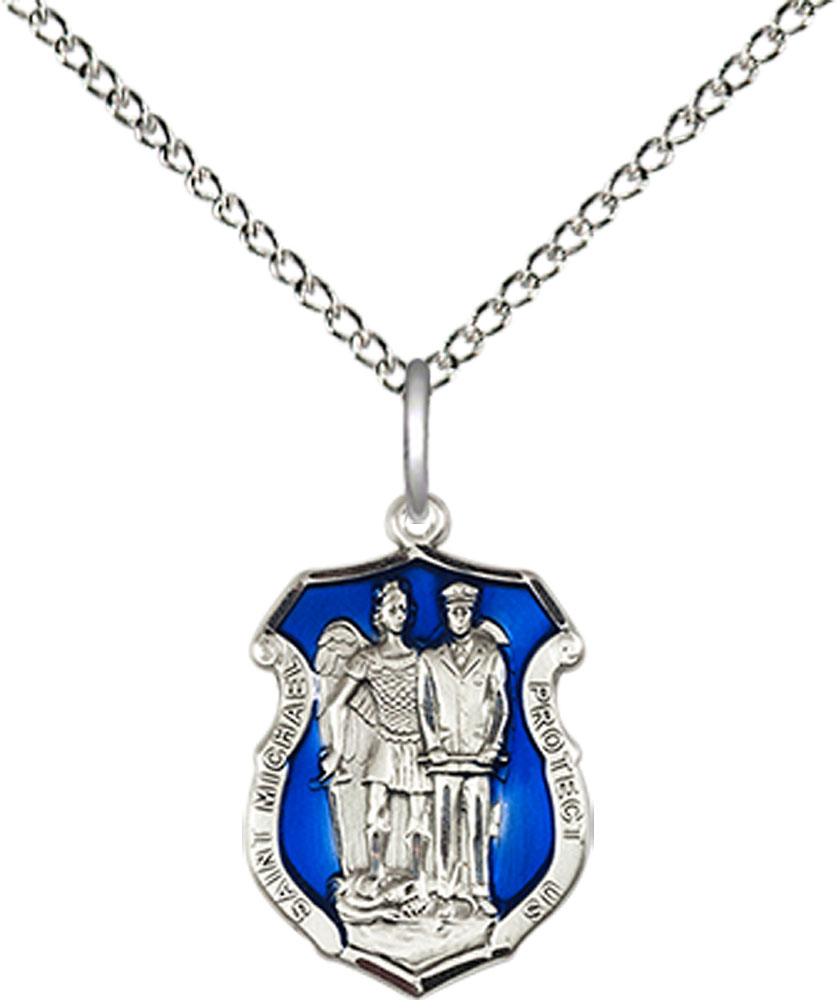 Sterling Silver Saint Michael the Archangel Police Shield Pendant on a 18 inch Sterling Silver Light Curb chain