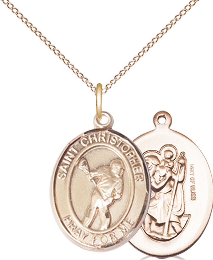 14kt Gold Filled Saint Christopher Lacrosse Pendant on a 18 inch Gold Filled Light Curb chain