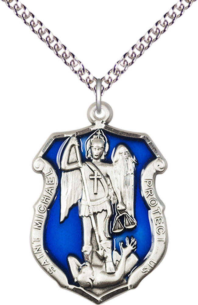 Sterling Silver Saint Michael the Archangel Shield Pendant on a 24 inch Sterling Silver Heavy Curb chain