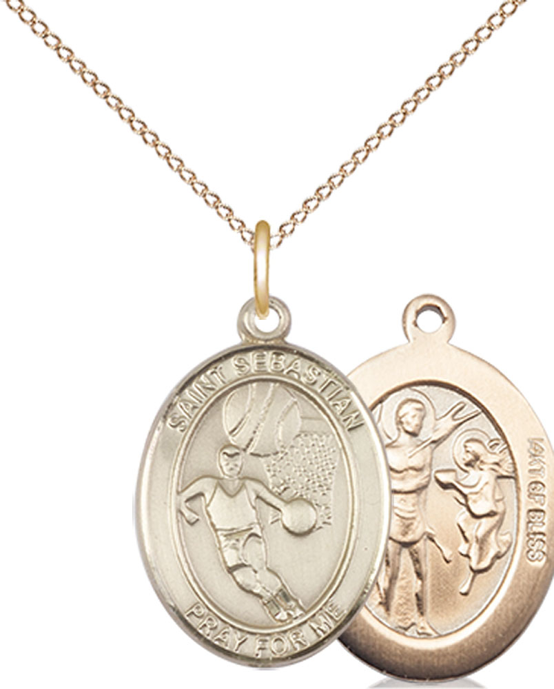 14kt Gold Filled Saint Sebastian Basketball Pendant on a 18 inch Gold Filled Light Curb chain